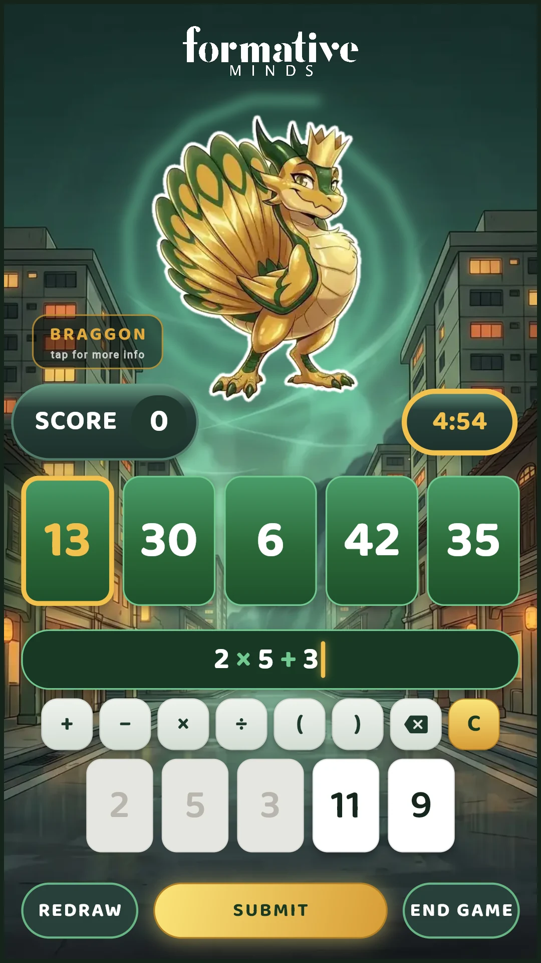 A battle in progress: a golden dragon-like monster above five green target cards, with 13 selected, the equation 2 x 5 + 3 in the input bar, the three used number cards greyed out, and a lit SUBMIT button.