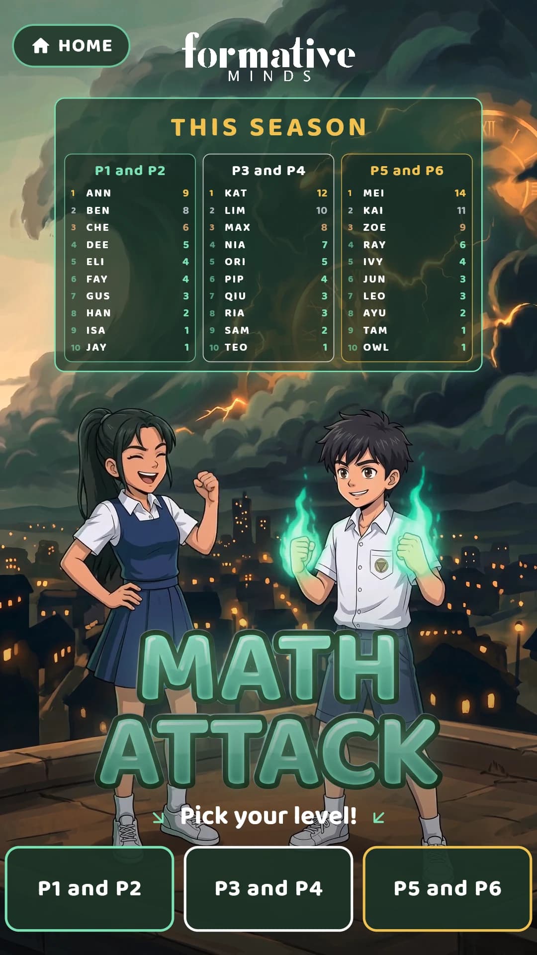 The game's start screen: two pupils in school uniform below a storm-lit skyline, the Math Attack title, three level buttons for P1-2, P3-4 and P5-6, and a season panel listing the top ten scores for each level.